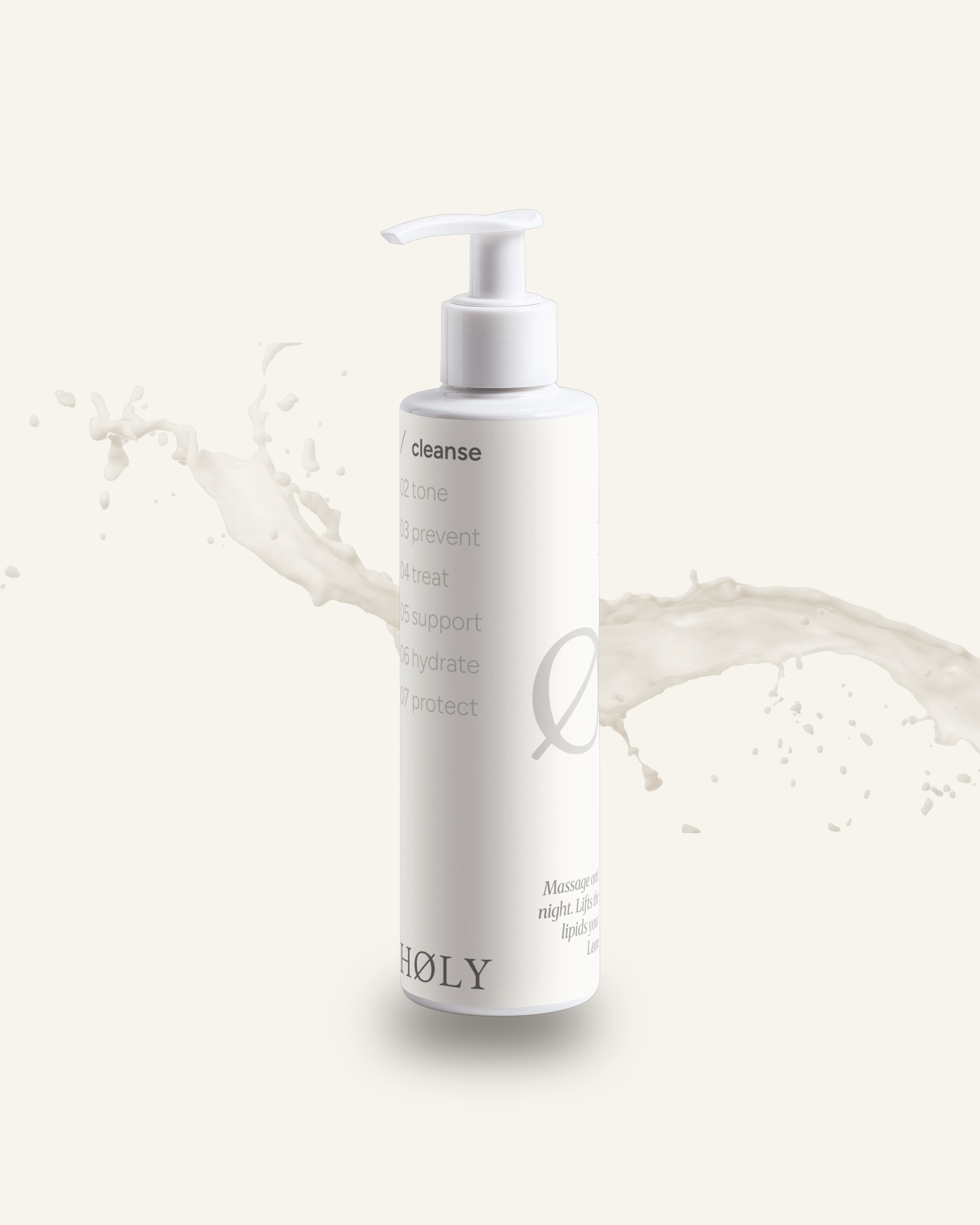 HØLY Silk Balanced Milk — gentle milk cleanser cradled in a soft milk wave. Cleanse step, Ritual Renewal.